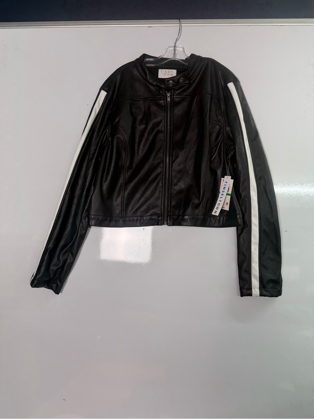 Tinseltown Black Faux Leather Cropped Jacket with White Sleeve Stripes